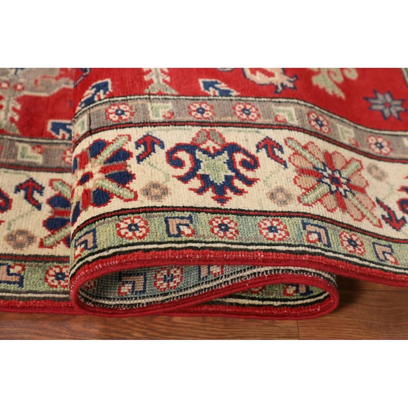 Geometric Red Kazak Oriental Rug Hand-Knotted Living Room Wool Carpet - 5'0" x 6'8"
