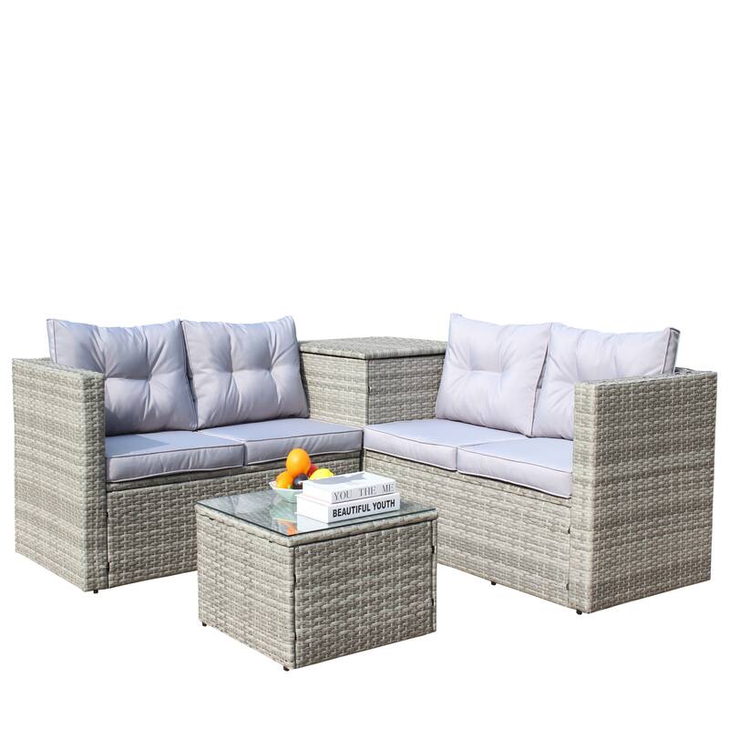 4 Pcs Patio Furniture Set, All Weather Outdoor Conversation Set, Wicker Rattan Sectional Sofa Set with Storage Box and Table