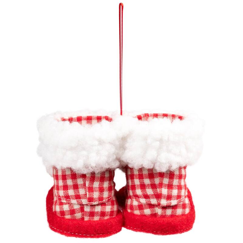 Checkered Baby Boots with Pom Poms Christmas Ornament - 4" - White and Red