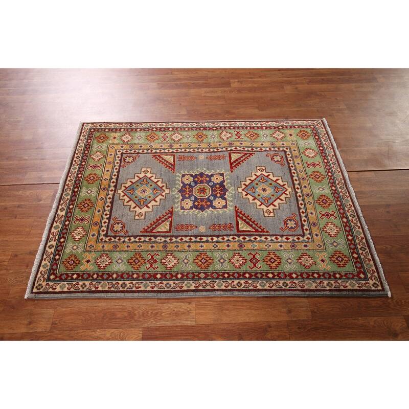 Geometric Grey Kazak Foyer Rug Hand-Knotted Wool Carpet - 3'5" x 4'10"
