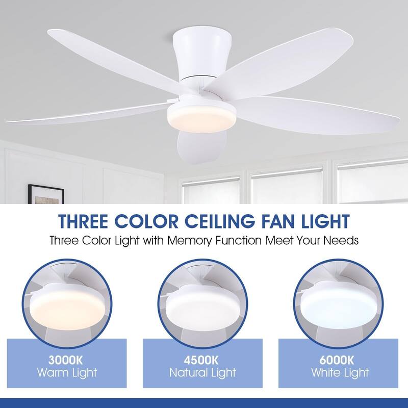 36"/42"/48" Low Profile Ceiling Fan with ABS Blades 3 Color LED Flush Mount for Bedroom Living Room APP and Remote Control
