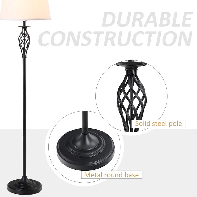 3 Piece Table Floor Lamp Set with Metal Pole, Round Base, and Fabric Lampshade, for Living Room - White