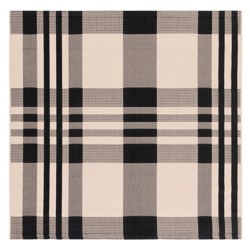SAFAVIEH Courtyard Oriole Plaid Indoor/ Outdoor Waterproof Patio Backyard. - 2'7" Square - Black/Bone