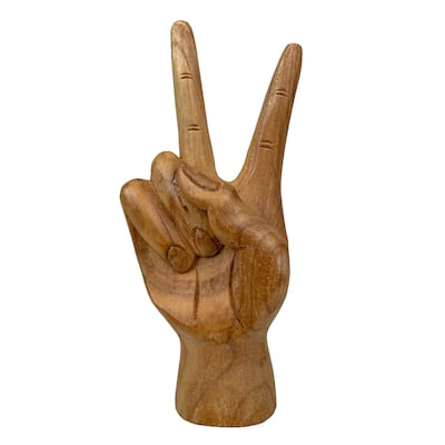 Zeckos Carved Wood Peace Sign Hand Gesture Statue - 7.75 X 3 X 2 inches