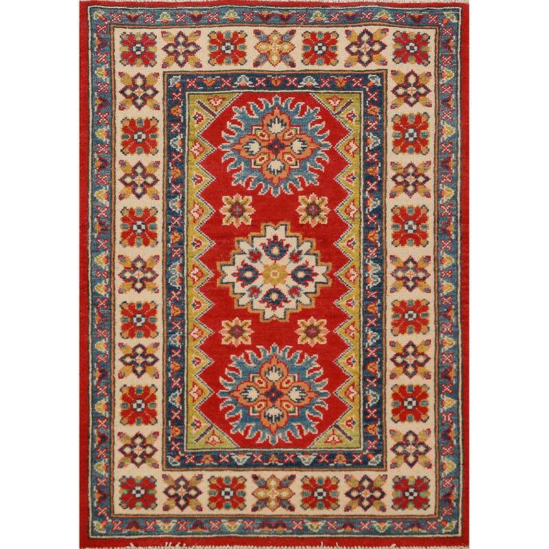 Red Kazak Foyer Rug Hand-Knotted Geometric Accent Wool Carpet - 2'9"x 4'0"