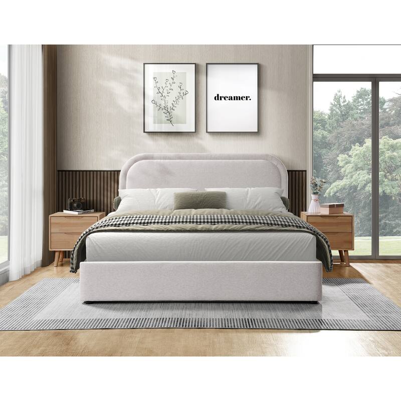 Queen Size Upholstered Bed Frame Platform Bed with Curved Headboard for Master Bedroom Guest Room