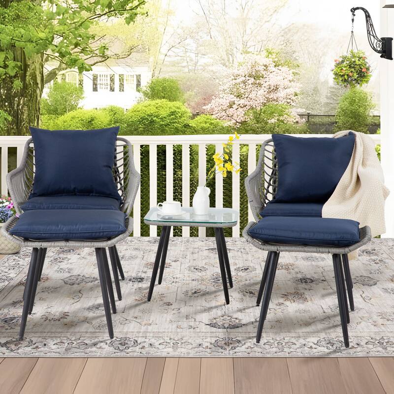 5-PC Wicker Outdoor Sofa Set, 2 Chairs, 2 Ottomans, 1 Table