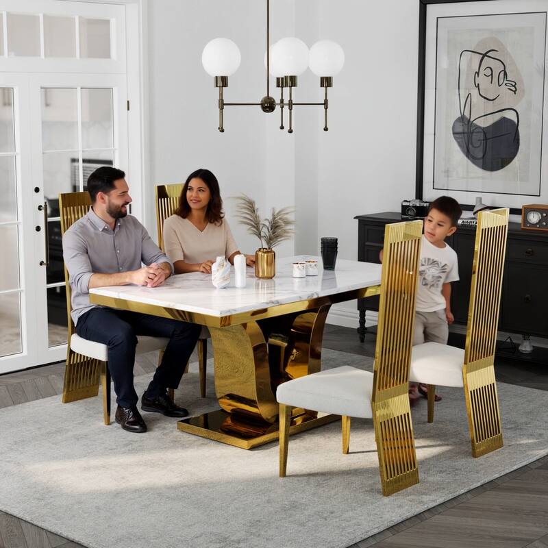 Faux Mable Dining Table Set with White Boucle and High Back Chairs