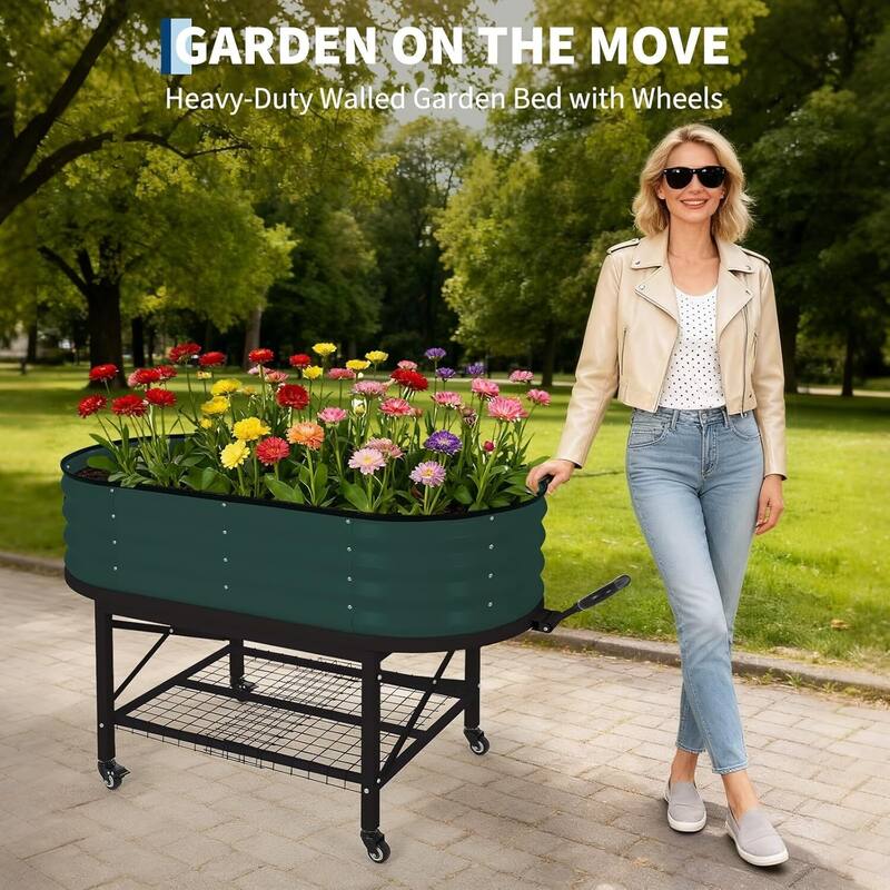 Galvanized Raised Garden Bed, Steel Planter Boxes with Wheels and Rack