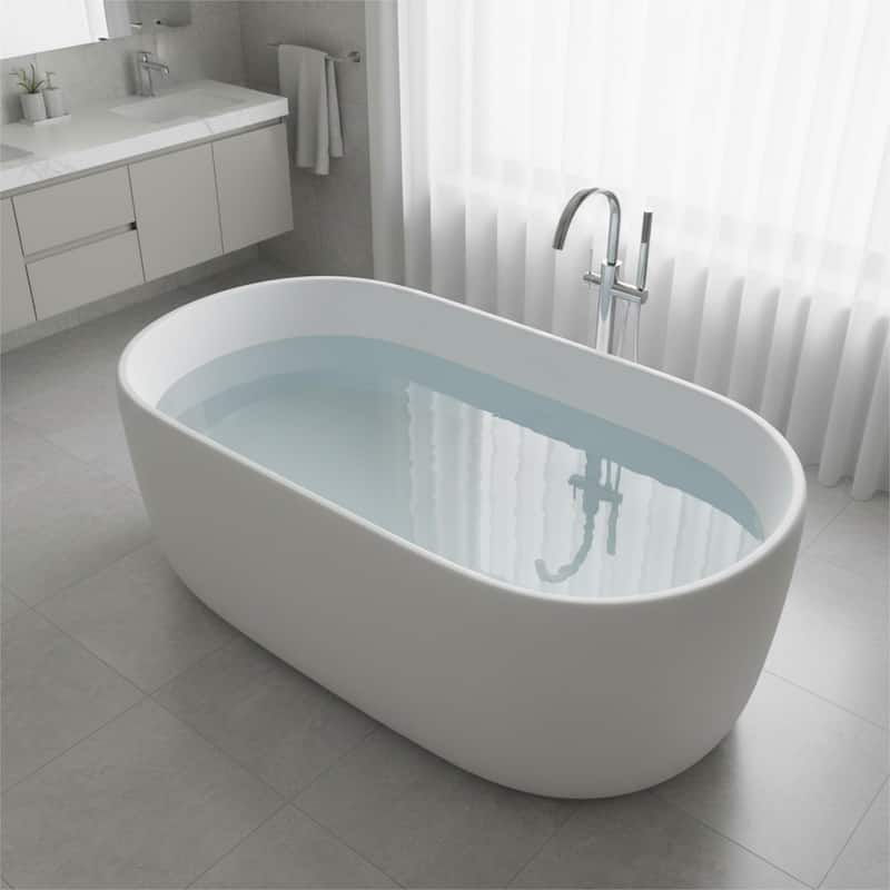 Solid Surface Freestanding Soaking Bathtub with Center Drain and Pop-up Drain, Modern Tubs with Overflow