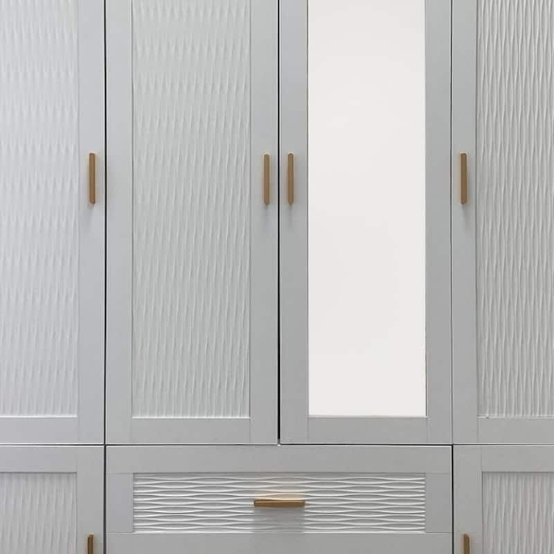 HomeRoots 75" White Ribbed Texture Wood Mirrored Six Door Two Drawer Combo Dresser
