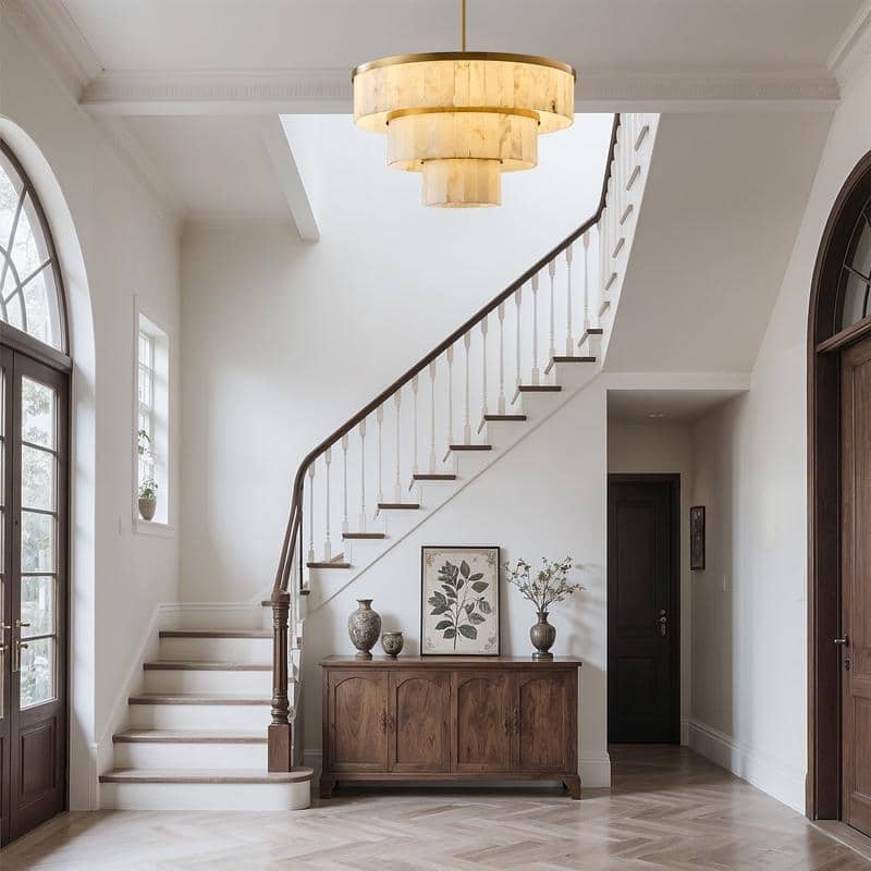 Elegant layered alabaster chandelier with natural stone panels