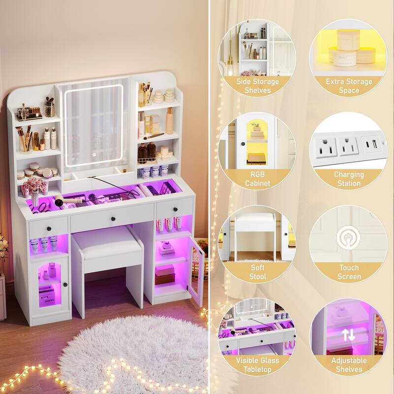 Roomfitters 43.2" Makeup Vanity Desk with LED Lighted Mirror, Glass Door Cabinets, Charging Station and Stool