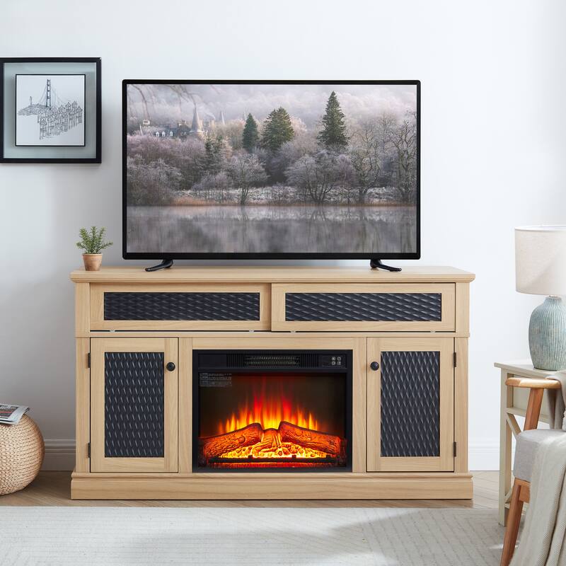Modern Fireplace TV Stand with Sliding Door, Open and Closed Storage Space, for Living Rooms and Bedrooms, Light Oak