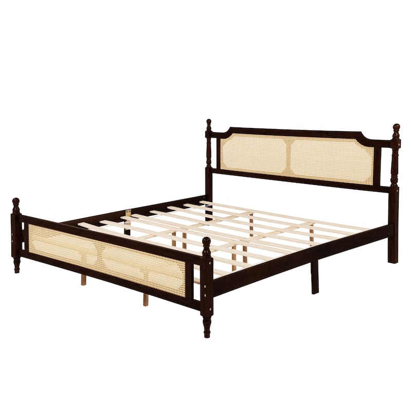 King Size Wooden Bed with Rattan Headboard and Footboard, Central Enhanced Platform, Espresso