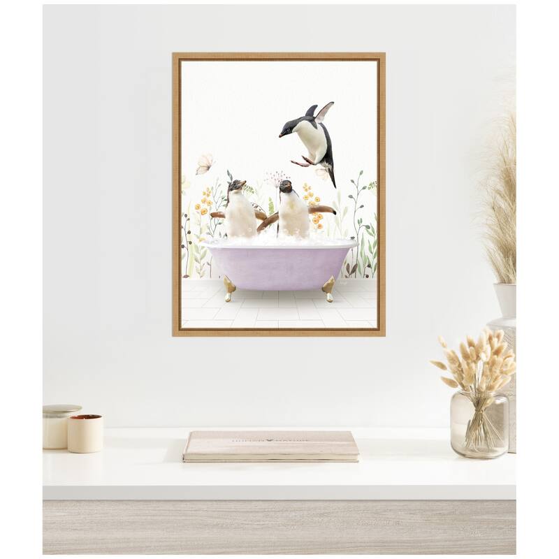 Kate and Laurel Sylvie Penguins in Spring Bathtub Framed Canvas by Amy Peterson