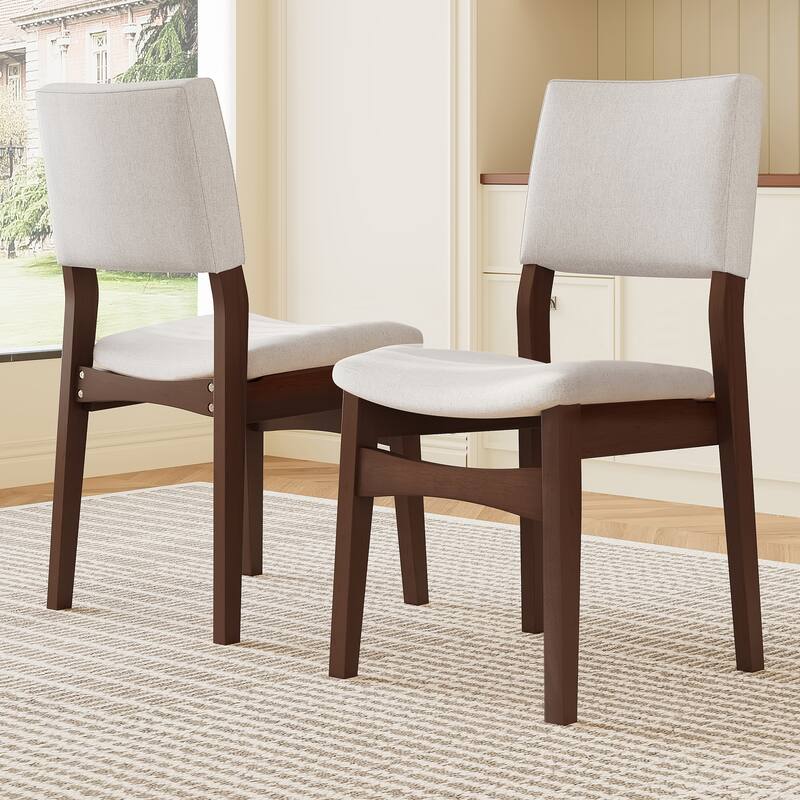 Set of 2 Upholstered Stackable Dining Chairs: Linen Fabric Seat & Backrest, Solid Wood Rustic Kitchen Chairs - Walnut