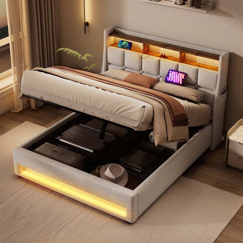 Vintage Design Platform Bed with Hydraulic Storage,LED, and USB Charging,(Mattress Not Included)