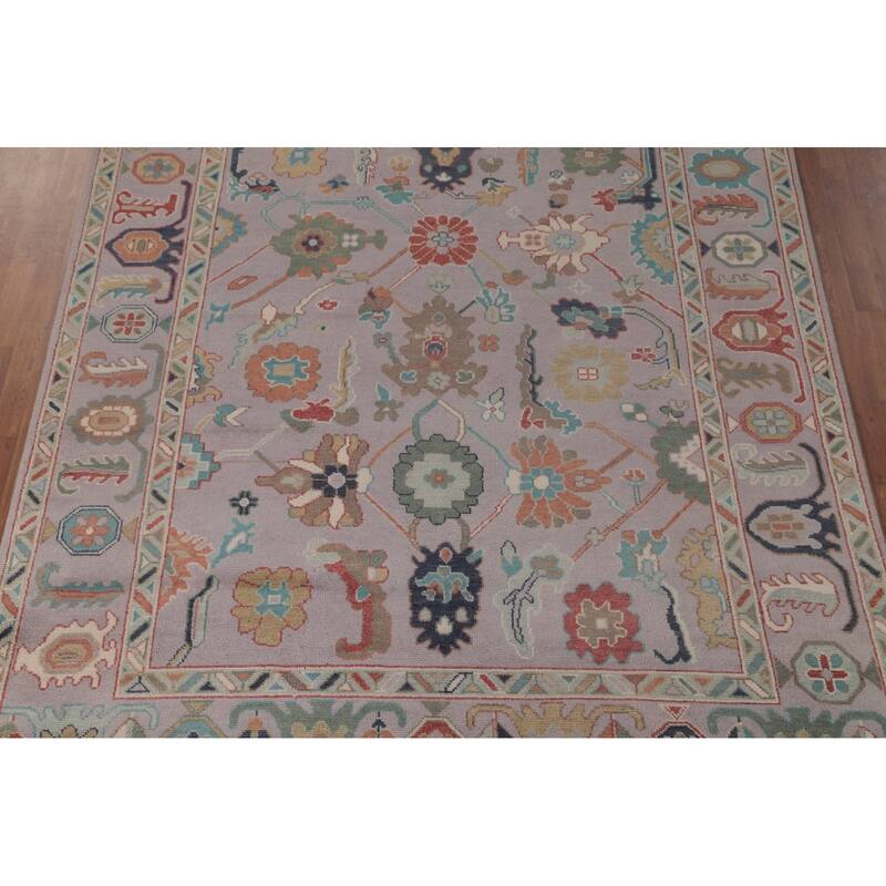 Floral Purple Oushak Area Rug Handmade Wool Carpet - 8'1"x 9'11"