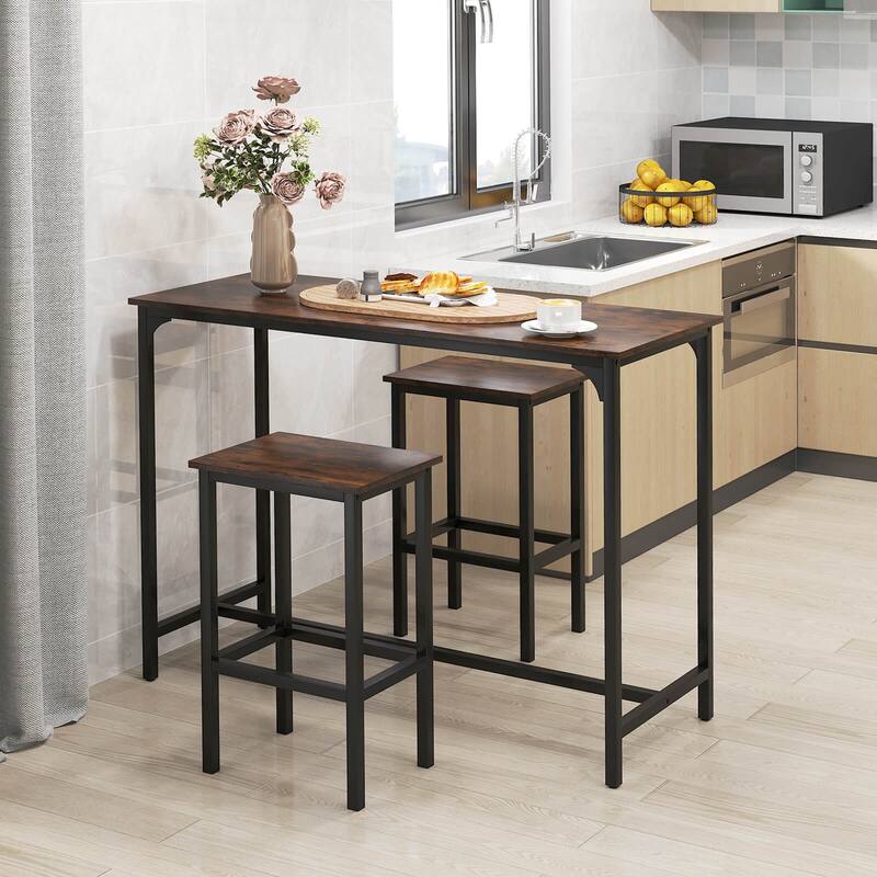 Costway 3 PCS Counter Height Table Set with Footrests Rectangular Pub