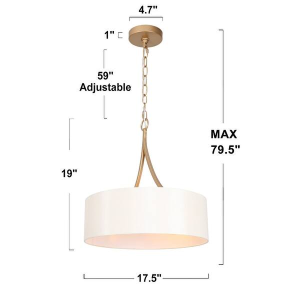 Mid-Century Modern 3-Light Gold Drum Chandelier with Fabric Shade - 17. ...