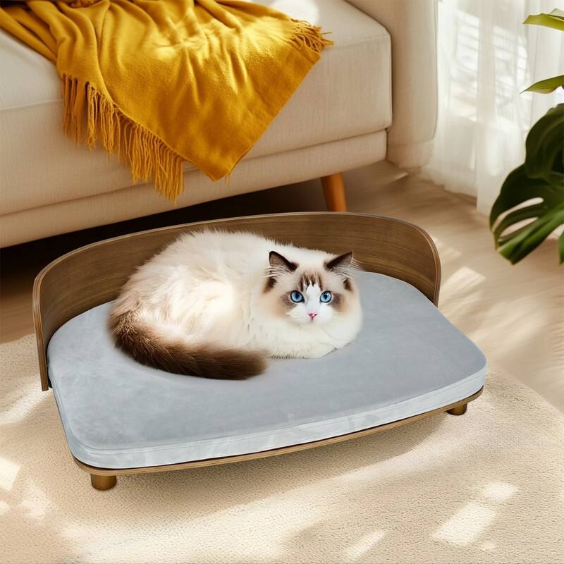 Elevated Dog Bed Curved Wood with Waterproof Soft Cozy Cushion Stool