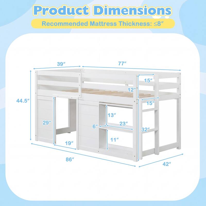 Gymax Twin Size Loft Bed w/ LED Lights 2 Doors Underbed Space &