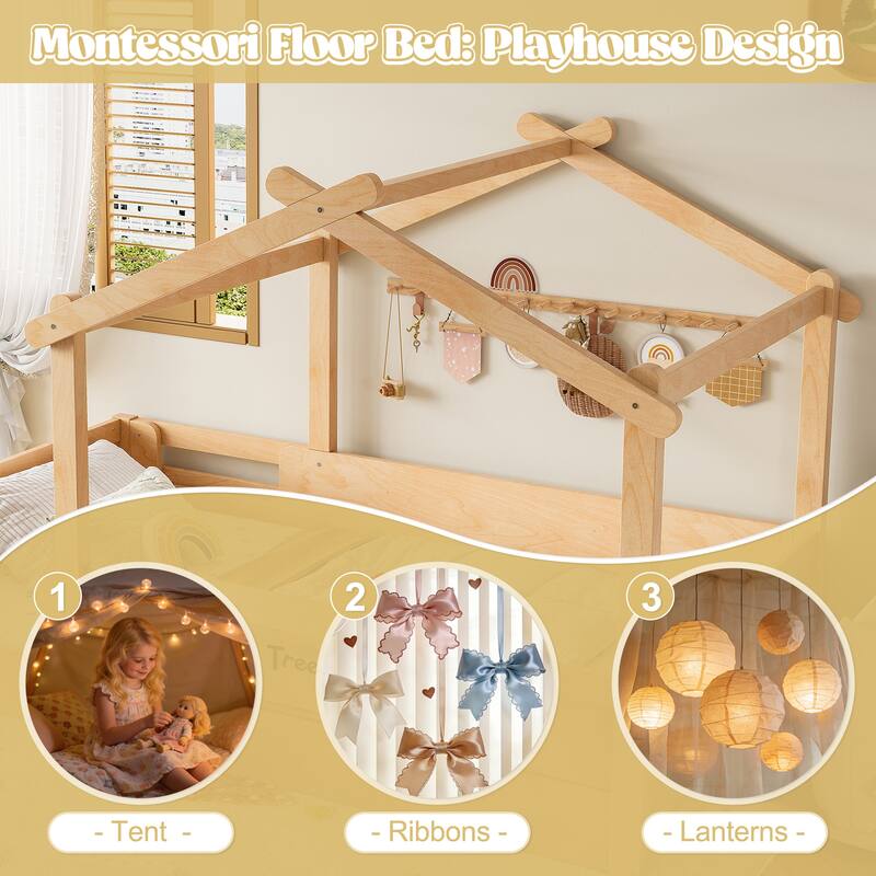 Kids House Floor Bed with Guardrails and Roof, Built-in Tray and Signboard, Montessori Floor Bed for Toddlers