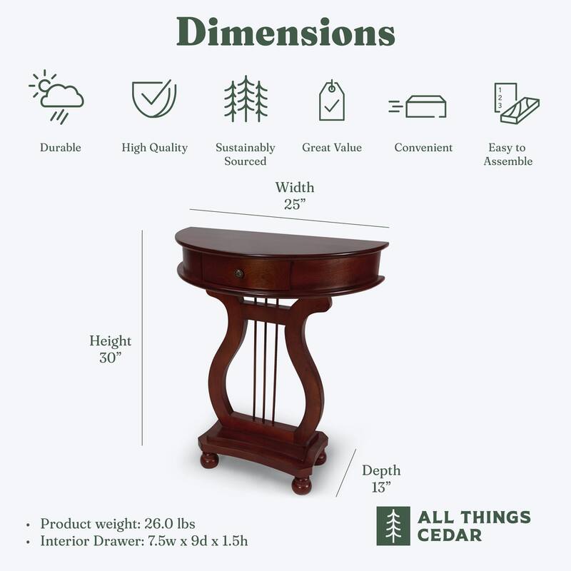 All Things Cedar Wood Half Moon Harp Accent Storage Drawer Console Table, Cherry - 26