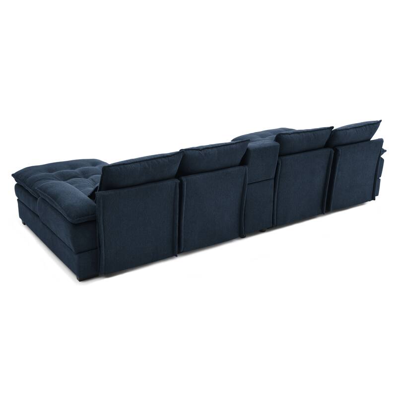U-shaped Sectional Sofa with Chaise, Built-in Storage Console and Cup Holders, Linen Double-Layer Cushioning Lounge Couch