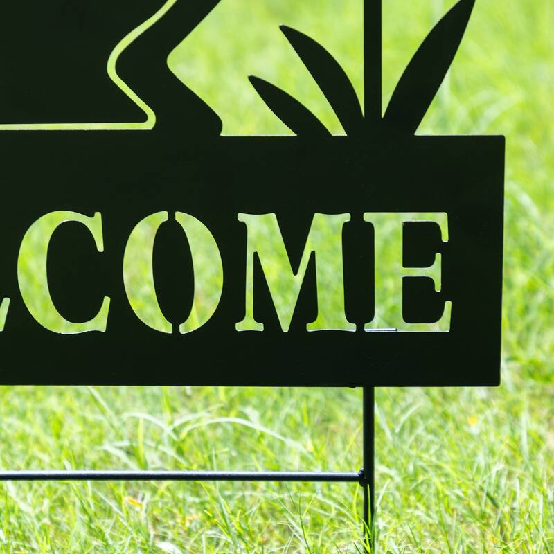 Glitzhome 30"H Multi-functional Metal Rabbit Flower Fairy Silhouette with Welcome Sign Garden Yardstake Wall Decor