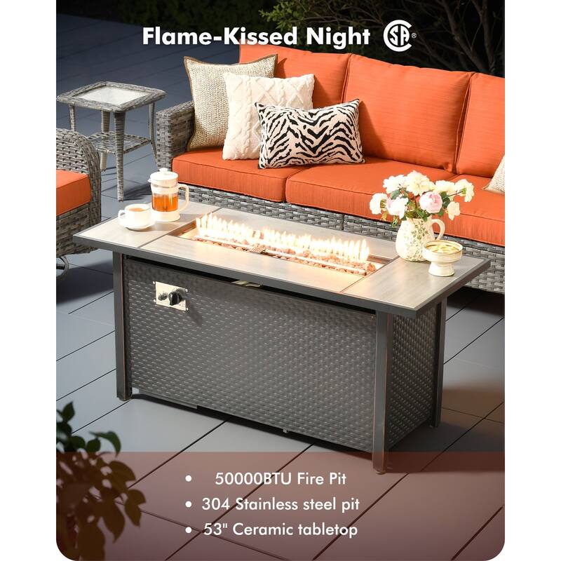 OVIOS 10 Pieces Outdoor Swivel Chair Set with Solar-Powered Table & 54" Fire Table