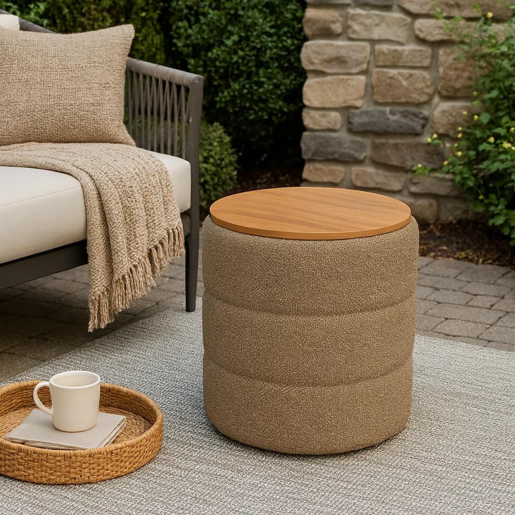 Mona Storage Ottoman, 19 Inch Round Lift Top, Channeled Brown Boucle