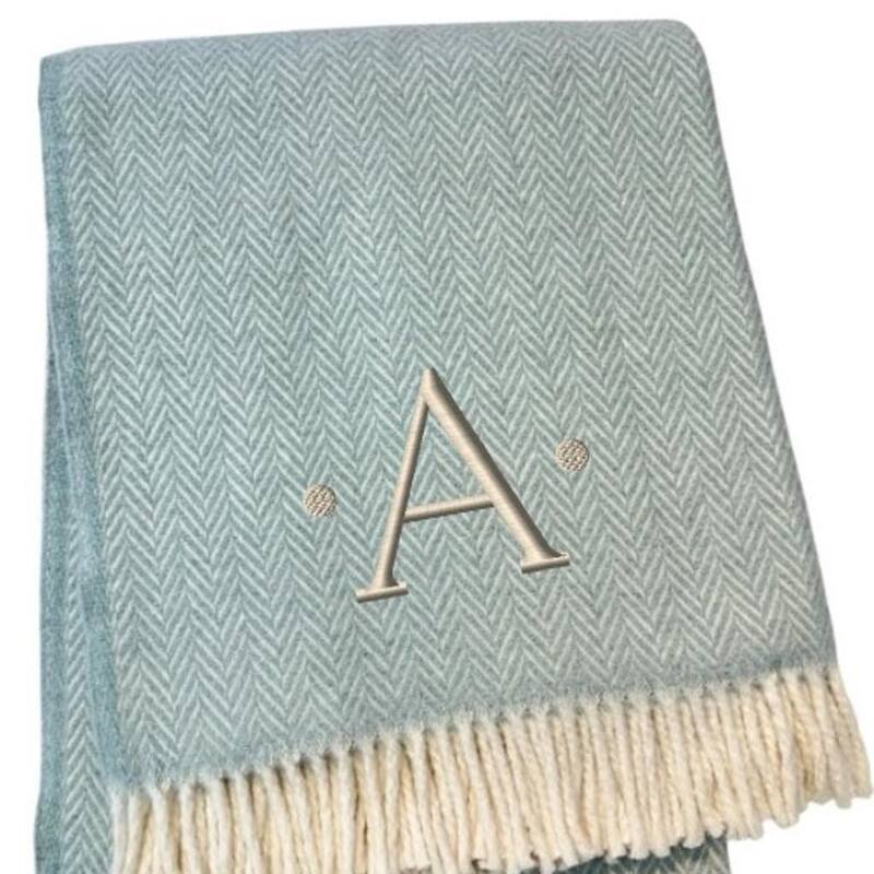 55" X 70" Sky Blue And White Herringbone Cotton Blend S Initial Throw Blanket with Tassels And Embroidery