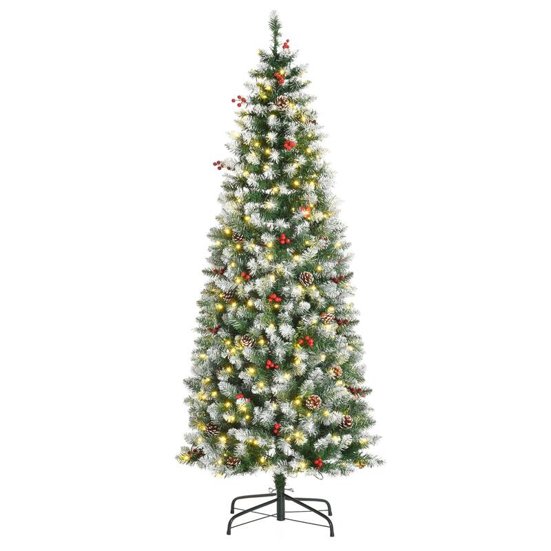 Snow-Flocked Artificial Christmas Tree with LED Lights, Pine Cones & Red Berries, 6ft, 7.5ft, 9ft