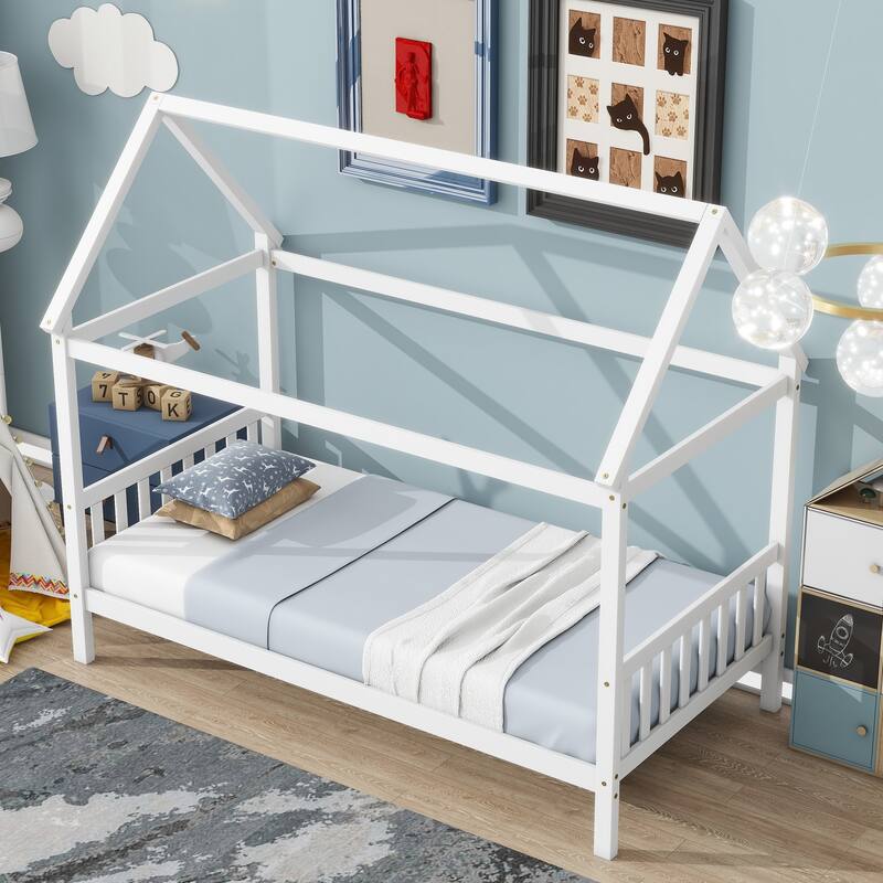 White Twin House Bed with Headboard and Footboard, Rubber Wood Frame
