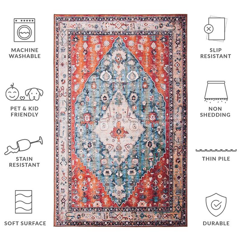 SAFAVIEH Tucson Machine Washable Slip Resistant Rosina Oriental Medallion - 2' 6" x 4' - Beige/Blue - Runner/Rectangle