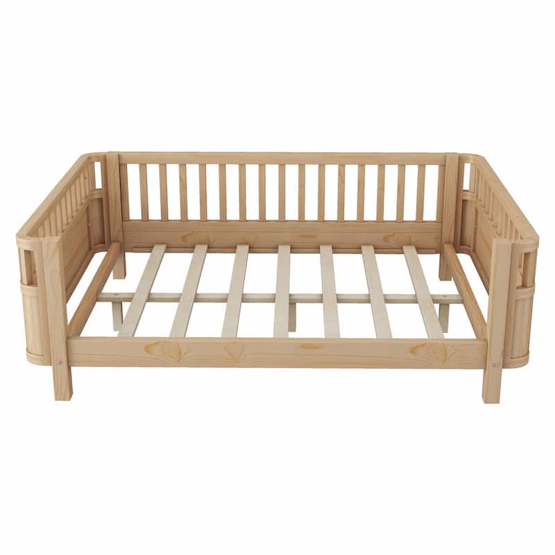 Wood Platform Bed for Kids, Low Profile Wooden Full Bed with Rails