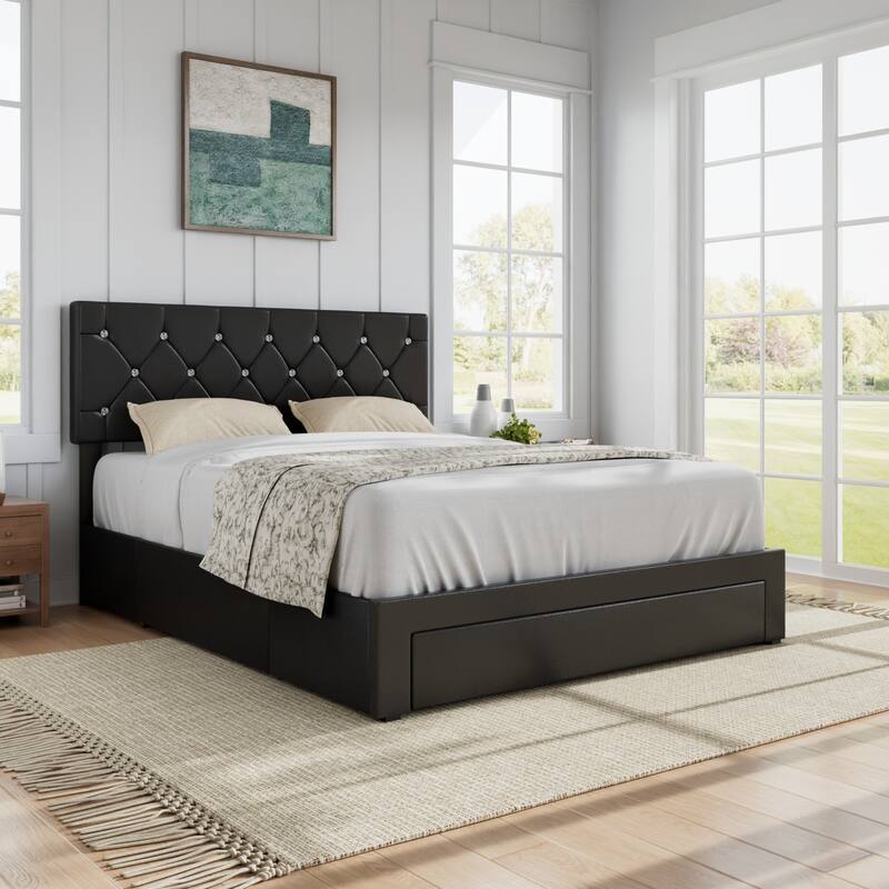 VECELO Bed Frame with Storage Drawers, Leather Upholstered with Diamond Tufted Headboard, Solid Wood Slat Support