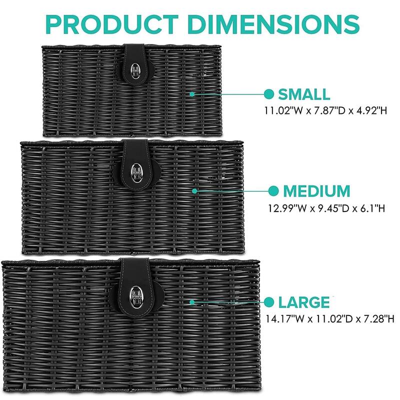Set of 3 Woven Storage Basket Box Wicker Hamper Stackable Bin with Lid & Lock - 14.17"W x 11.02"D x 7.28"H