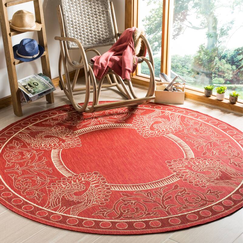 SAFAVIEH Courtyard Kitija Indoor/ Outdoor Waterproof Patio Backyard Rug - 5'3" Round - Red/Natural