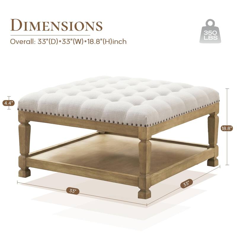 Button-Tufted Upholstered Coffee Table Ottoman with Wooden Shelf – Square Fabric Ottoman