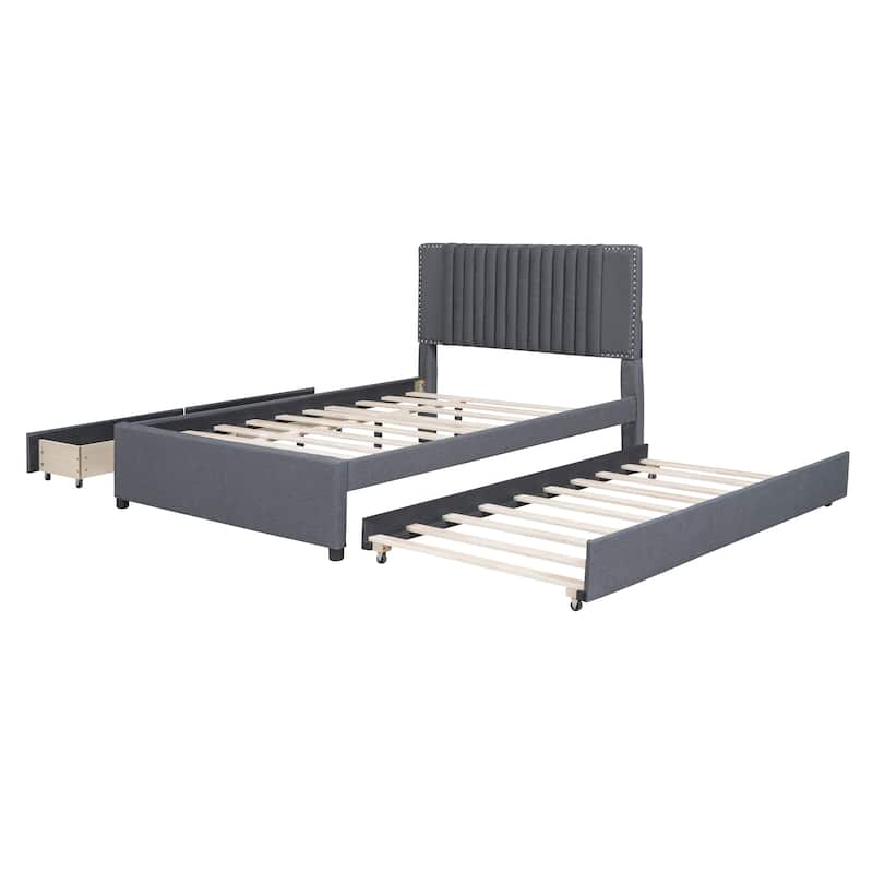 Full Linen Platform Bed with Drawers & Trundle