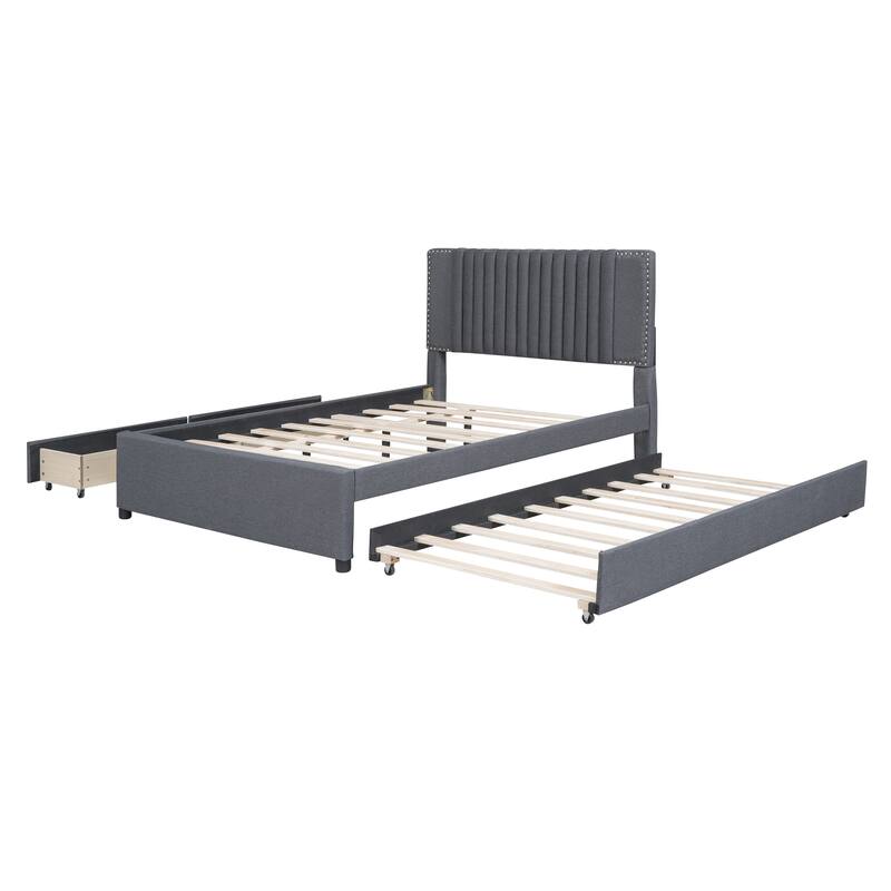 Full Size Upholstered Platform Bed with Drawers and Trundle, Gray