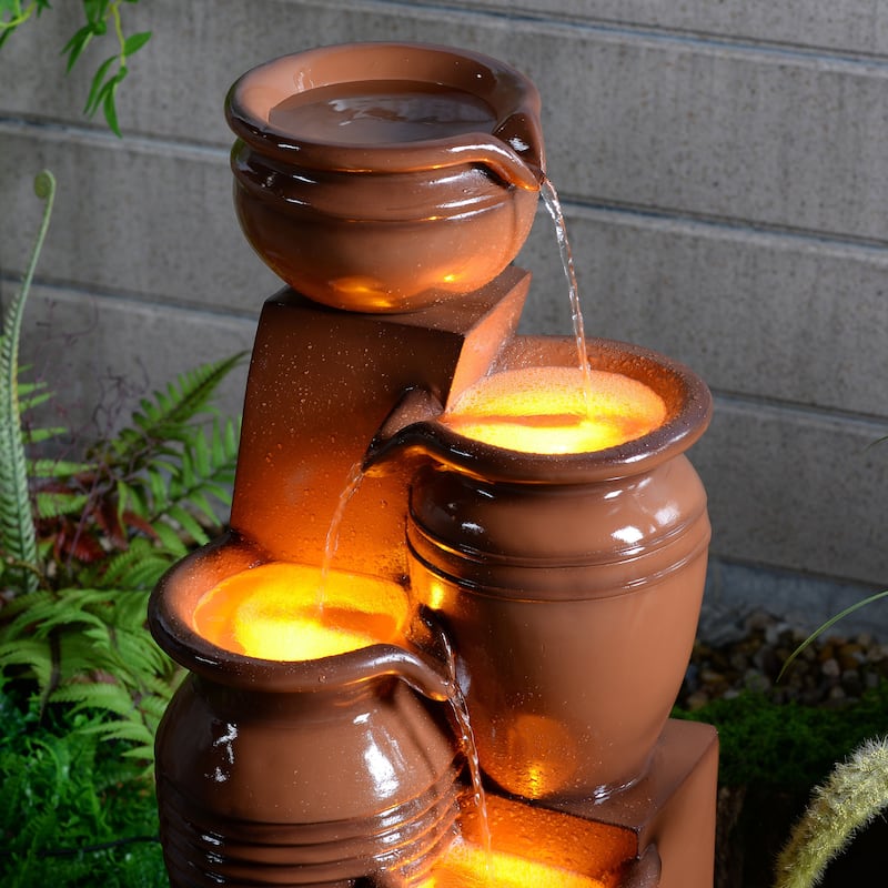 Teamson Home 28.74" 4-Tier Outdoor Fountain with LED Lights, Solar Powered, Weather-Resistant Faux Stone for Garden & Patio