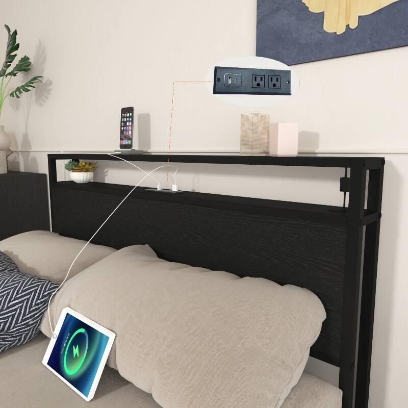 Black Platform Bed Metal Slat Support Frame with 8 Drawers, LED Headboard and Charging Station, No Box Spring Needed Storage Bed
