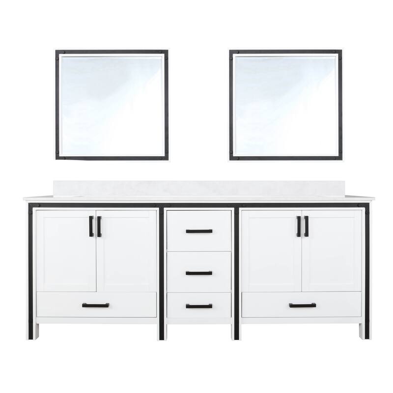 Ziva 80 in W x 22 in D White Double Bath Vanity, White Quartz Top and 30 in Mirrors