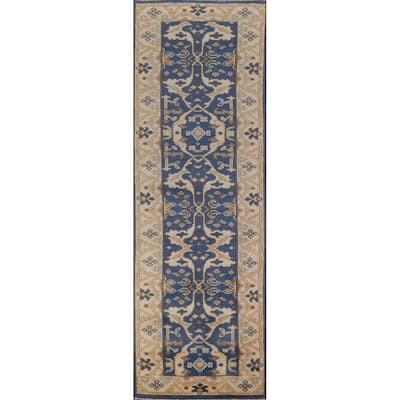 Blue Oushak Oriental Runner Rug Handmade Hallway Wool Carpet - 2'6"x 9'9"