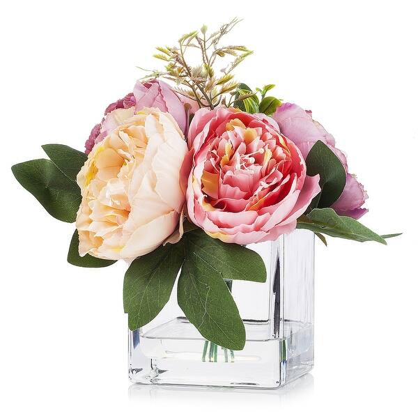 Enova Home Artificial Silk Peony Fake Flowers Arrangement in Clear ...
