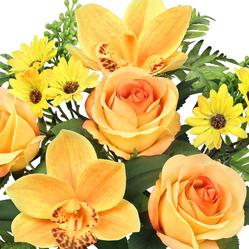 Set of 2 Yellow Orange Artificial Mixed Rose Cymbidium Orchid Daisy Flower Stem Bush Bouquet 16in - 16" L x 9" W x 9" DP